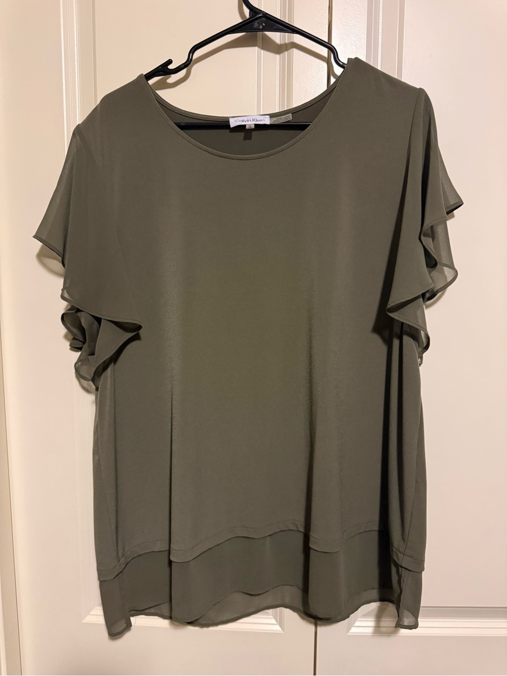 Calvin Klein Olive Green Flutter Sleeve Blouse